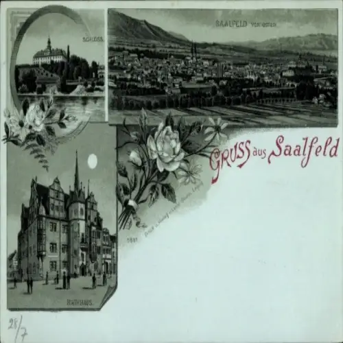 Mondschein Litho Saalfeld an der Saale Thüringen, Schloss, Rathaus, Panorama