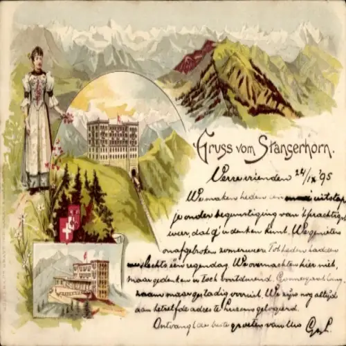 Vorläufer Litho Stans Kanton Nidwalden, Gesamtansicht, Stanserhorn, Frau in Tracht, Hotels
