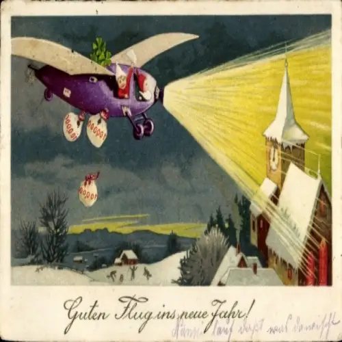 Ak Glückwunsch Neujahr, Flugzeug, Geldsäcke, Kirchturm