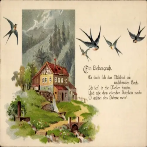 Litho Dorfidyll, Wassermühle, Liebesgruß