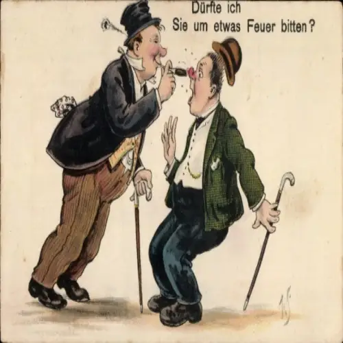Künstler Ak Scheuermann, Willi, Dürfte ich Sie um etwas Feuer bitten, betrunkener Mann, Zigarette