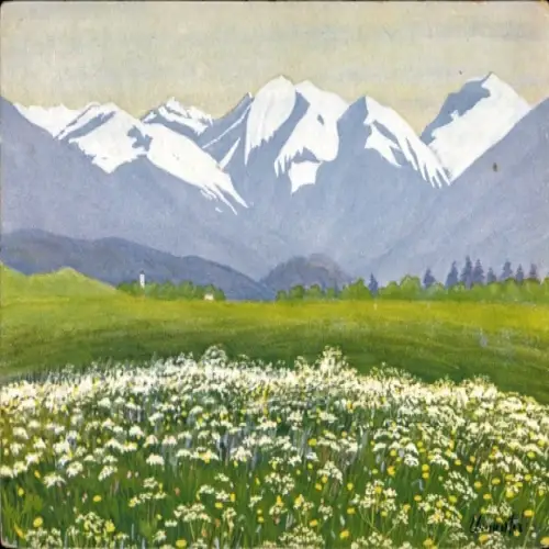 Künstler Ak P. Urmeister, Frühling, Berglandschaft