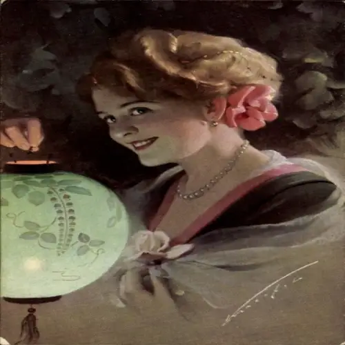 Künstler Ak Frau mit Laterne, Portrait