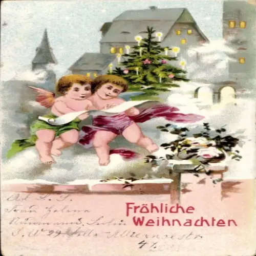 Ak Frohe Weihnachten, Engel mit Weihnachtsbaum