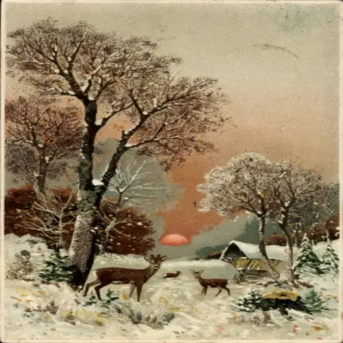 Litho Dorfidyll im Winter, Rehe