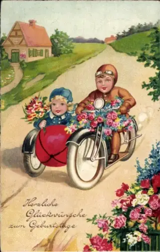 Ak Glückwunsch Geburtstag, Blumen, Kinder auf einem Motorrad