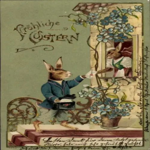 Glitzer Präge Litho Fröhliche Ostern, Osterhasen, Postbote