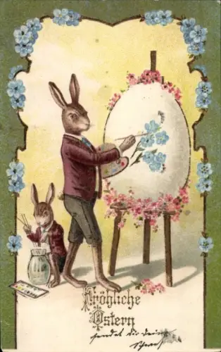 Ak Fröhliche Ostern, Osterhasen bemalen Osterei