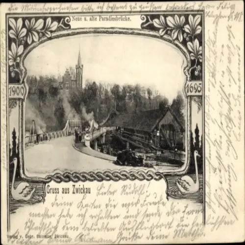 Passepartout Ak Zwickau in Sachsen, Neue und Alte Paradiesbrücke, 1900, 1695