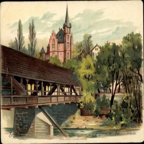 Litho Zwickau in Sachsen, Gedeckte Brücke, Paradiesbrücke