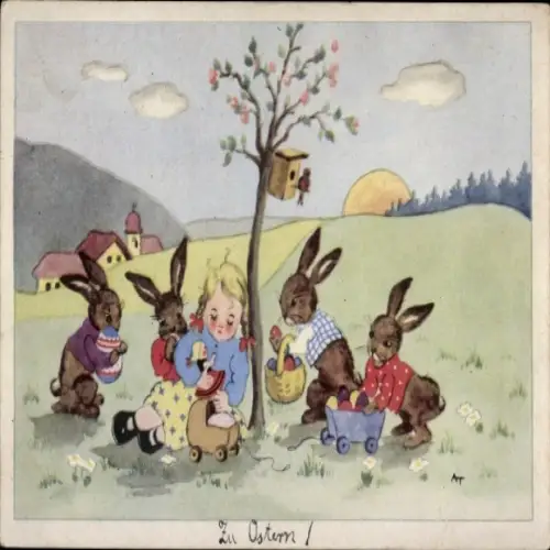 Künstler Ak Frohe Ostern, Osterhasen, schlafendes Mädchen, Puppenwagen