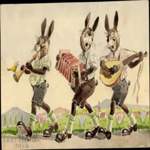 Künstler Ak Frohe Ostern, musizierende Osterhasen