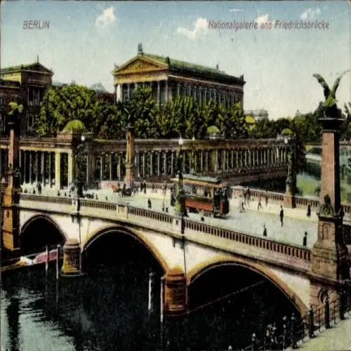 Ak Berlin Mitte, Nationalgalerie, Friedrichsbrücke, Straßenbahn