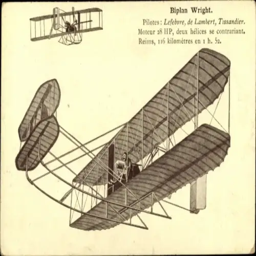 Ak Biplan Wright, Lefebvre, de Lambert, Tissandier, Aéroplane