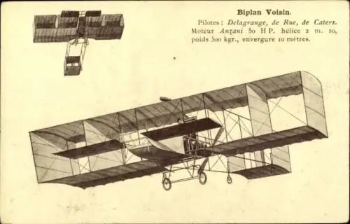 Ak Biplan Voisin, Delagrange, de Rue, de Caters, Aéroplane, Flugpioniere