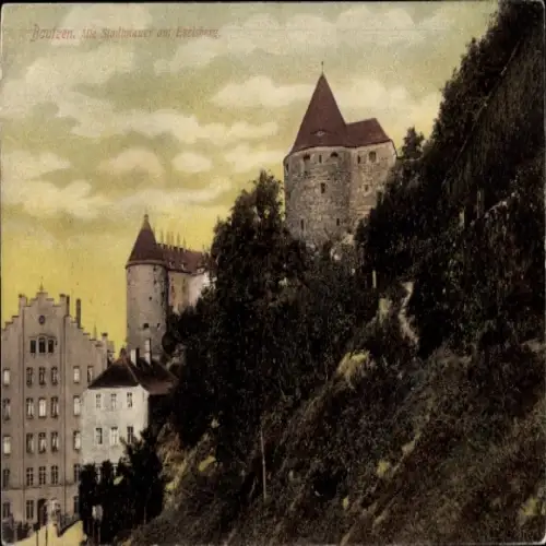 Ak Bautzen in der Oberlausitz,  Stadtmauer, Eselsberg,  Gebäude, farbige Darstellung