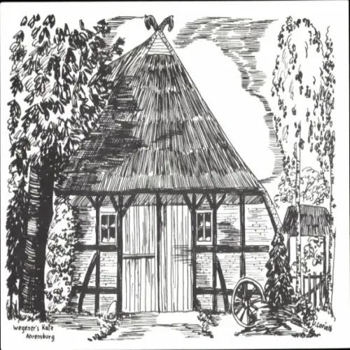 Ak Ahrensburg in Holstein, Zeichnung eines Reetdachhauses, Details am Gebäude, Garten mit Wagenra