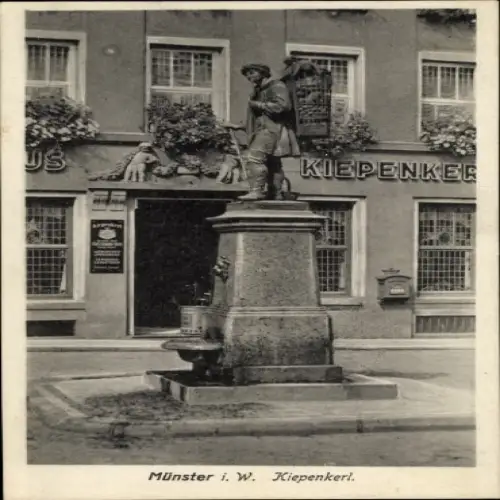 Ak Münster in Westfalen, Statue Kiepenkerl,  Architektur, Blumen, freundlich