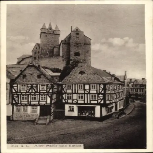 Ak Diez an der Lahn, Alter Markt, Schloss, Fachwerkhäuser,  Architektur
