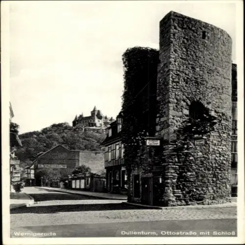 Ak Wernigerode im Harz, Dullenturm, Ottostraße, Schloss im Hintergrund