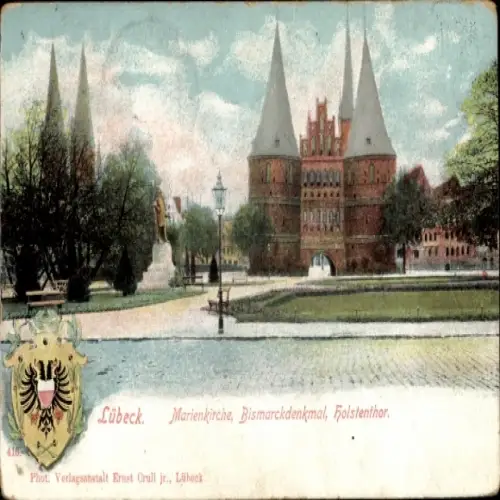 Ak Hansestadt Lübeck, Marienkirche, Bismarckdenkmal, Holstentor, alte Architektur, 