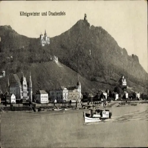 Ak Königswinter am Rhein, Königswinter und Drachenfels, Berg, Boot auf dem Wasser, Architektur