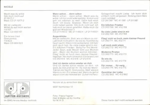 Autogrammkarte Sängerin Nicole, Portrait, Autogramm