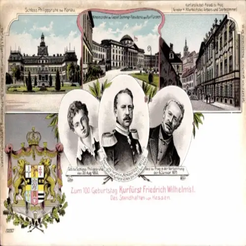 Wappen Litho Hanau am Main, Schloss Philippsruhe, Kurfürst Friedrich Wilhelm I v. Hessen-Kassel