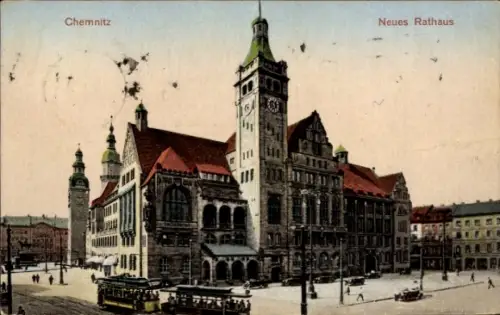 Ak Chemnitz in Sachsen, Neues Rathaus,  Architektur, Straßenszene, Tram