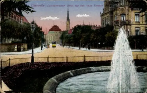 Ak Chemnitz in Sachsen, Chemnitz Carolastrasse, Blick auf das Neue Theater, Brunnen