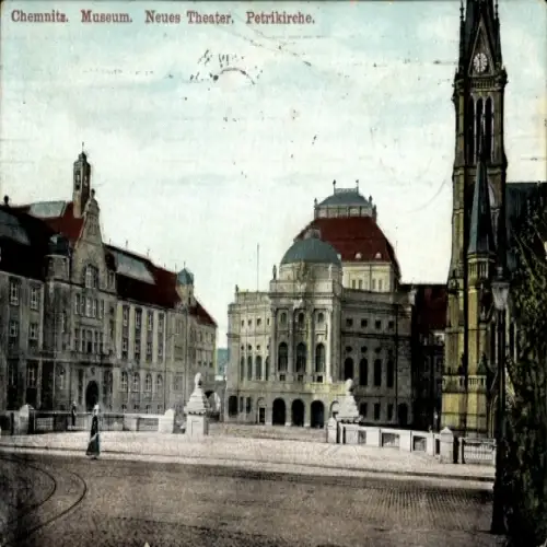 Ak Chemnitz in Sachsen,  Museum, Neues Theater, Petrikirche,  Architektur