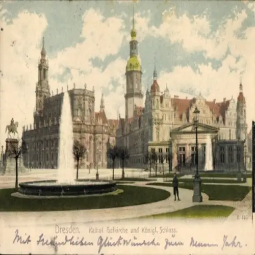 Ak Dresden Altstadt, Katholische Hofkirche, Königliches Schloss, Brunnen, Menschen, 