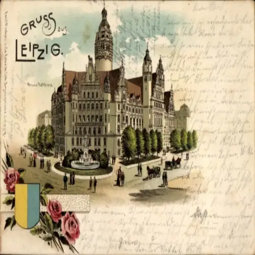 Ak Leipzig, Neues Rathaus, Brunnen, Pferdekutschen,  Ansicht