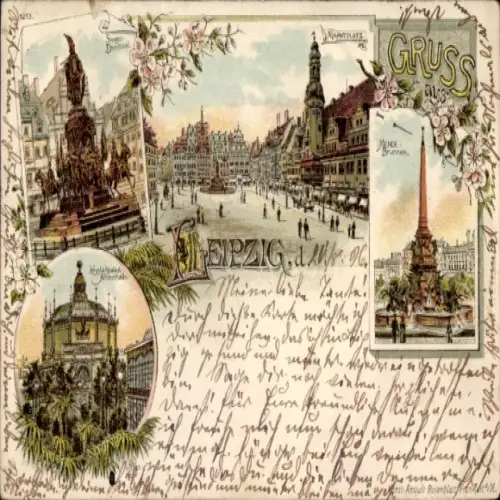 Ak Leipzig, Vorderansicht Stadtplatz, Monument, Springbrunnen,  Gebäude