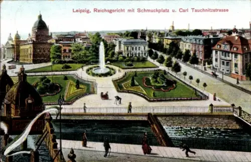 Ak Leipzig, Reichsgericht, Schmuckplatz, Carl Tauchnitzstraße, Brunnen