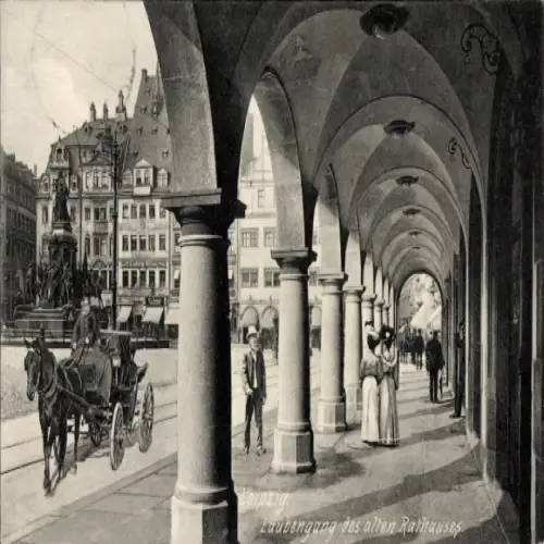 Ak Leipzig, Laubengang des alten Rathauses, Pferdewagen,  Architektur