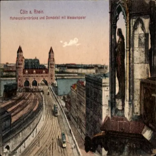 Ak Köln am Rhein, Hohenzollernbrücke, Domdetail mit Wasserspeier, Rhein
