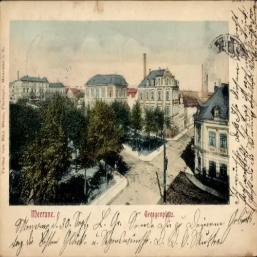 Ak Meerane in Sachsen, Historische Ansicht, Georgenplatz, Bäume, Gebäude, Verlag Max Blum