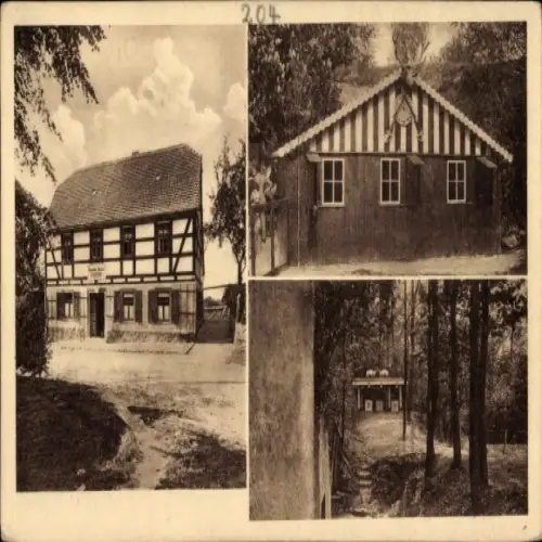 Ak Schrebitz Nossen in Sachsen, Dreiteilige Ansicht, Gebäude im Fachwerkstil, Gasthaus zum Wolfsg