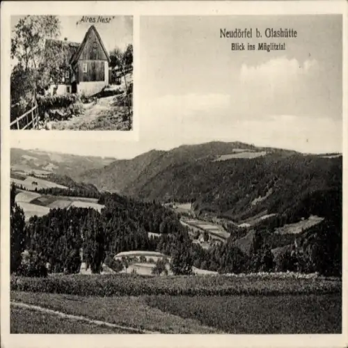 Ak Neudörfel Glashütte im Osterzgebirge, Bild eines Hauses, Landschaftsaufnahme, Blick ins Müglit
