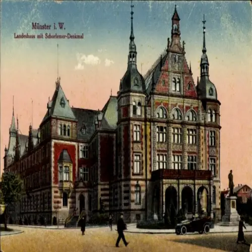 Ak Münster in Westfalen, Landeshaus mit Schorlemer-Denkmal,  Architektur, Stadtansicht