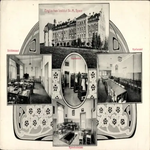 Ak Sparz Traunstein in Oberbayern, Englisches Institut St. M. Sparz, Zeichensaal, Spiegelsaal, Ga