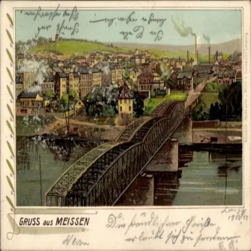 Ak Meißen an der Elbe, Gesamtansicht, Eisenbahnbrücke