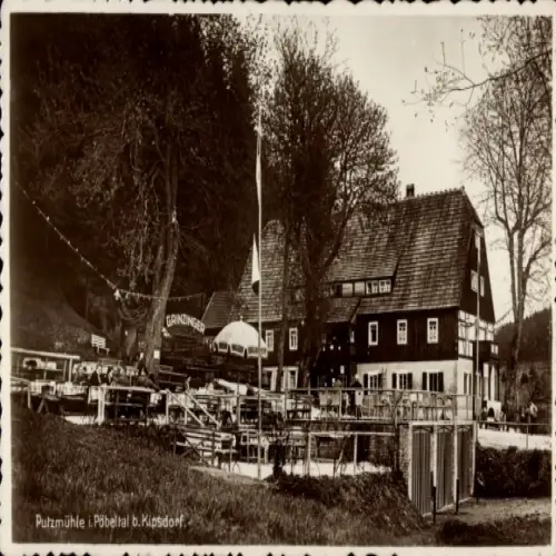 Ak Kipsdorf Altenberg im Erzgebirge, Pulzmühle, schöne Landschaft, Gasthaus, Postauto Haltestelle