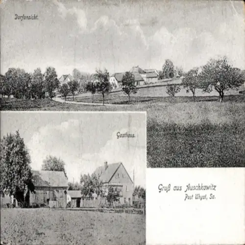Ak Auschkowitz Burkau Oberlausitz, Dorfansicht, Gasthaus