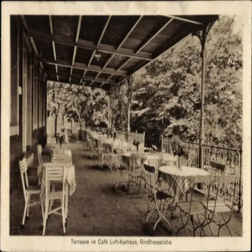 Ak Großhesselohe Pullach Oberbayern, Terrasse im Café Luft-Kurhaus, Tische und Stühle, ruhige Umg