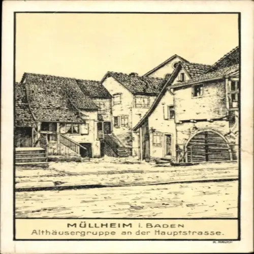 Ak Müllheim in Baden Markgräflerland, Althäusergruppe, Hauptstraße, Zeichnung, K. Rauch