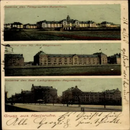 Ak Karlsruhe in Baden, Drei Kasernen, Kaserne des Telegraphen-Bataillons, 50. Art.Regiment, Bad L