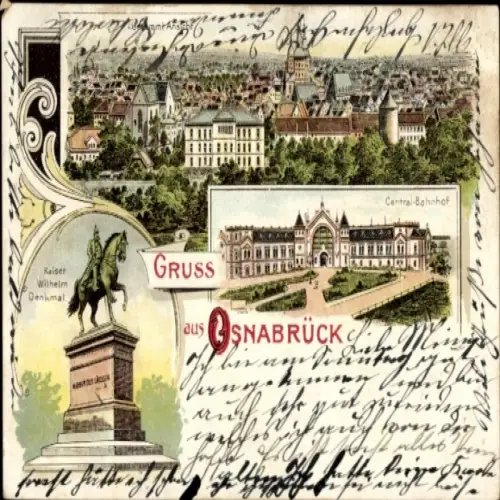 Ak Osnabrück in Niedersachsen, Landschaftsbild von  Denkmal Kaiser Wilhelm, Centralbahnhof