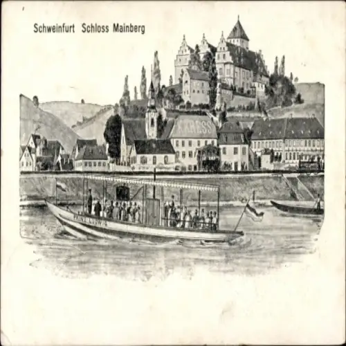 Ak Schweinfurt in Unterfranken Bayern, Schlachtschüssel, Schloss Mainberg, Prinz Ludwig, Boot mit